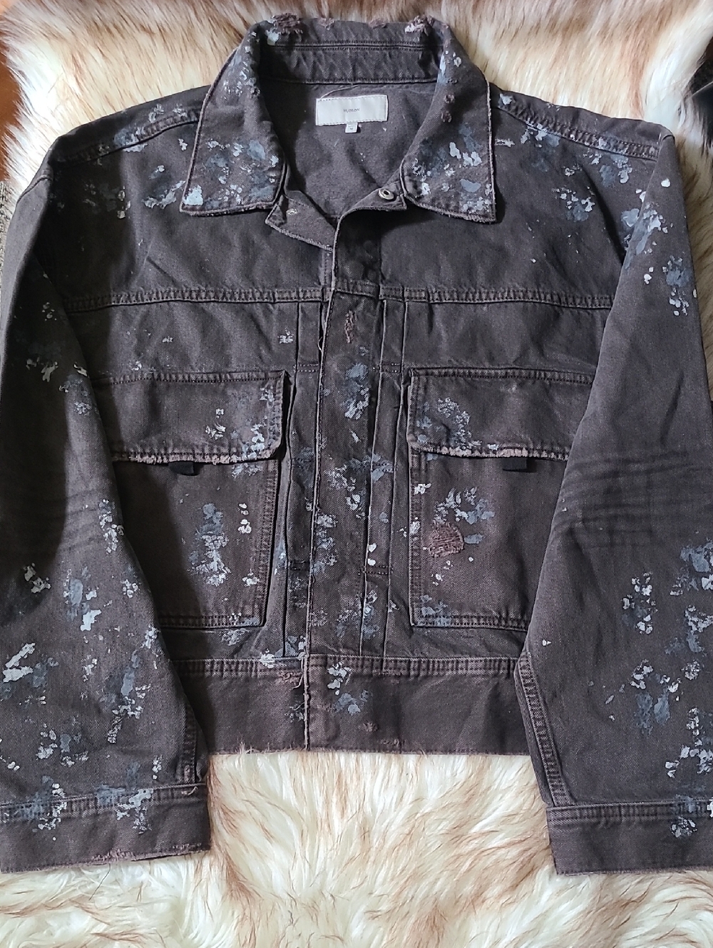 NWT Hudson Boxy Paint Splatter Crop Denim Trucker Jacket Size XXL